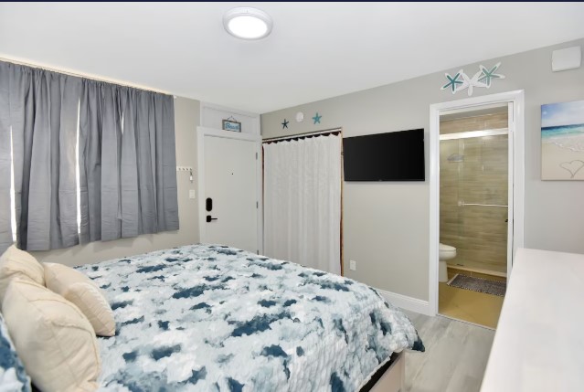 Bedroom closet - wall mounted flat screen TV and bathroom entrance