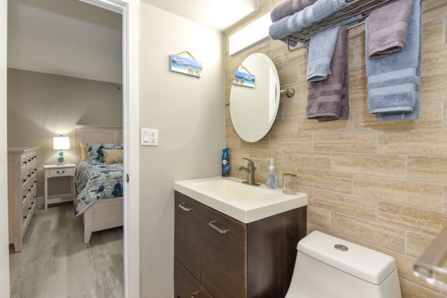 Towels and linens provided for convenience - bathroom is directly off the bedroom